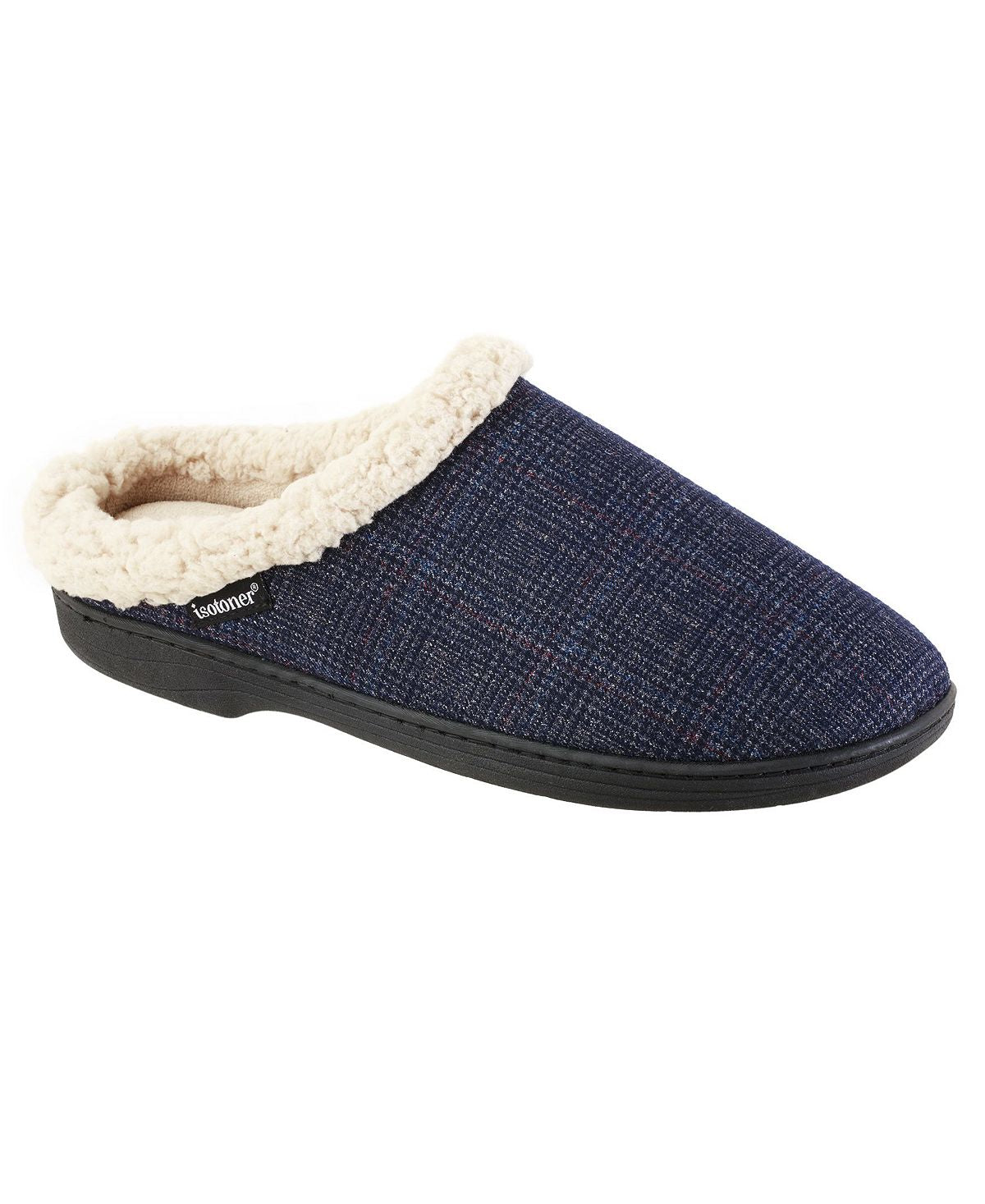 Isotoner Signature Memory Foam Glen Plaid Tanner Hoodback Slippers Navy