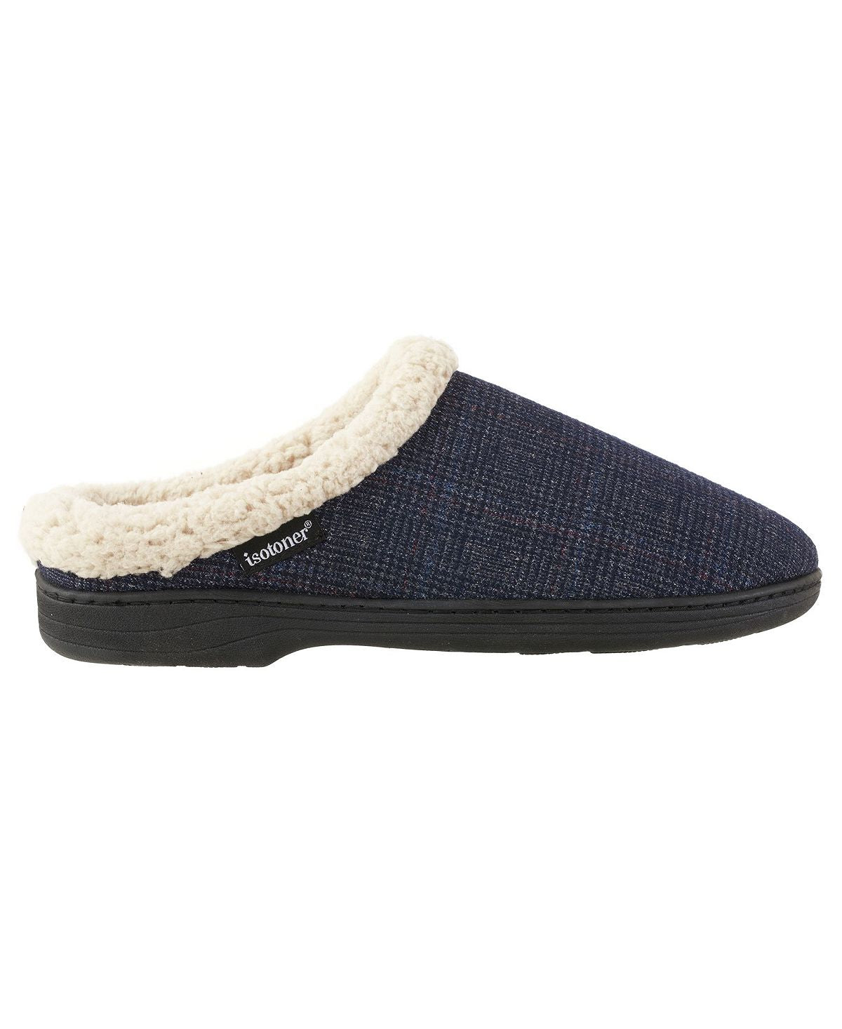 Isotoner Signature Memory Foam Glen Plaid Tanner Hoodback Slippers Navy