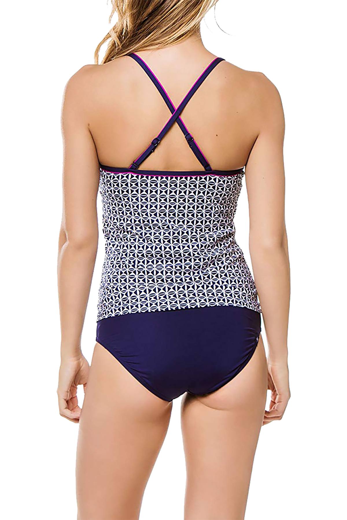 JAG Tiki Geo Print Crisscross Tankini Top in Navy