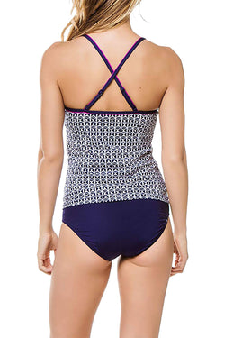 JAG Tiki Geo Print Crisscross Tankini Top in Navy thumbnail 4