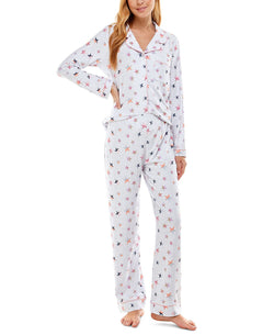 Jaclyn Intimates Roudelain Printed Notch-collar Top & Pants Pajama Set Star White Duo thumbnail 1
