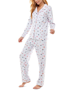 Jaclyn Intimates Roudelain Printed Notch-collar Top & Pants Pajama Set Star White Duo thumbnail 3