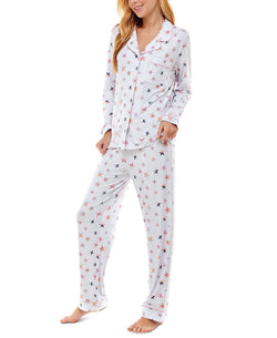 Jaclyn Intimates Roudelain Printed Notch-collar Top & Pants Pajama Set Star White Duo thumbnail 4