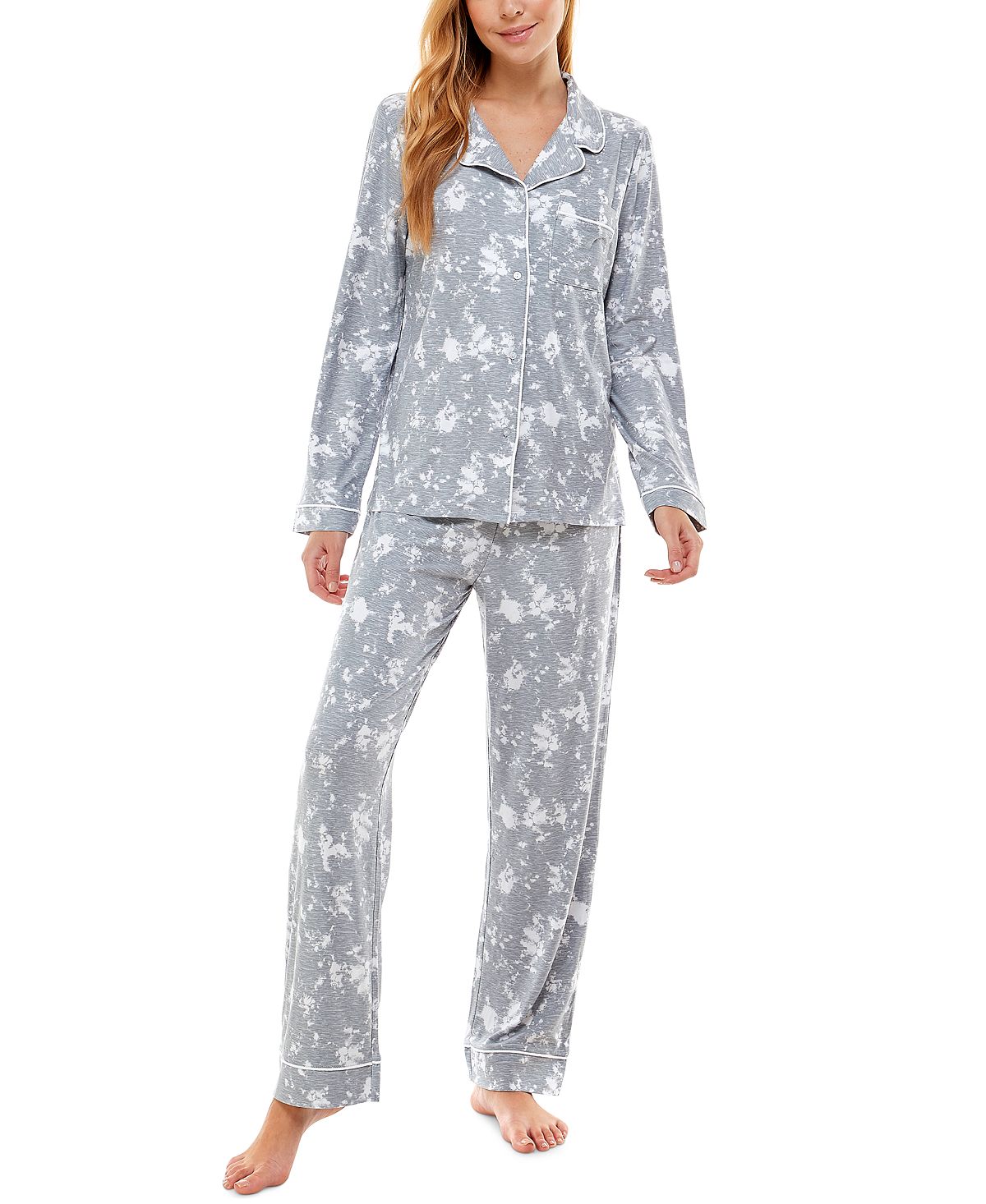 Jaclyn Intimates Roudelain Printed Notch-collar Top & Pants Pajama Set Tie Dye