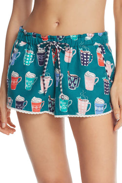 Jane & Bleeker Teal Coffee-Cups Printed Flannel Pajama Short thumbnail 1