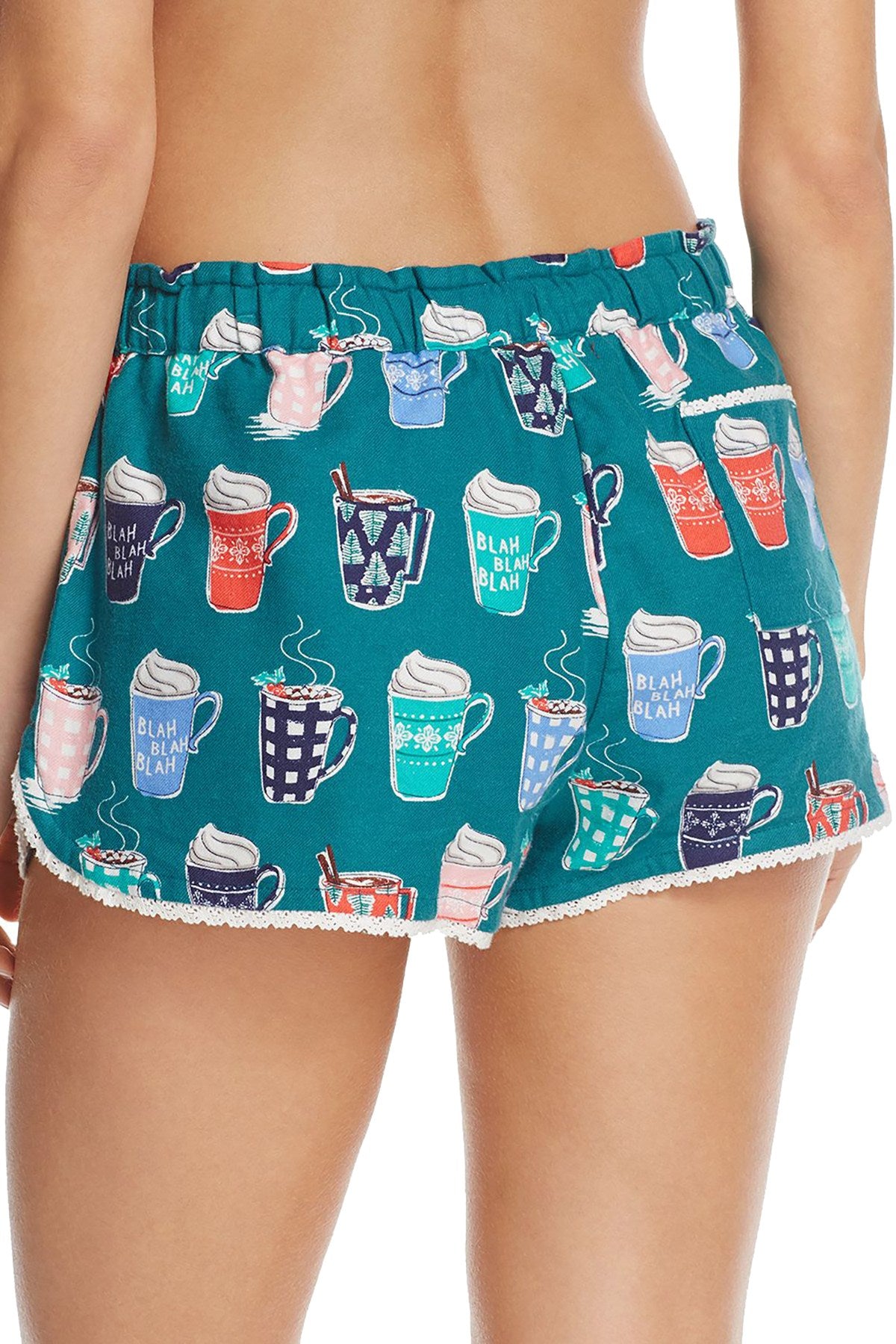 Jane & Bleeker Teal Coffee-Cups Printed Flannel Pajama Short