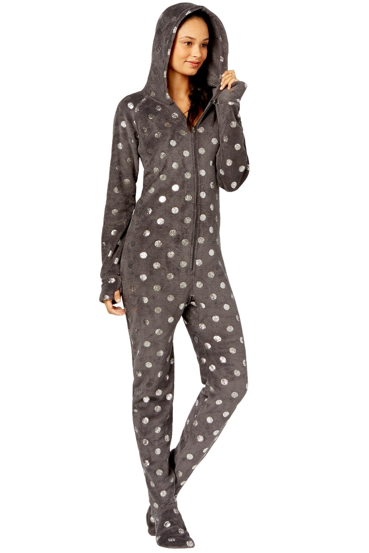 Jenni By Jennifer Moore Grey Foil-Dot Hooded/Footed Pajama Jumpsuit