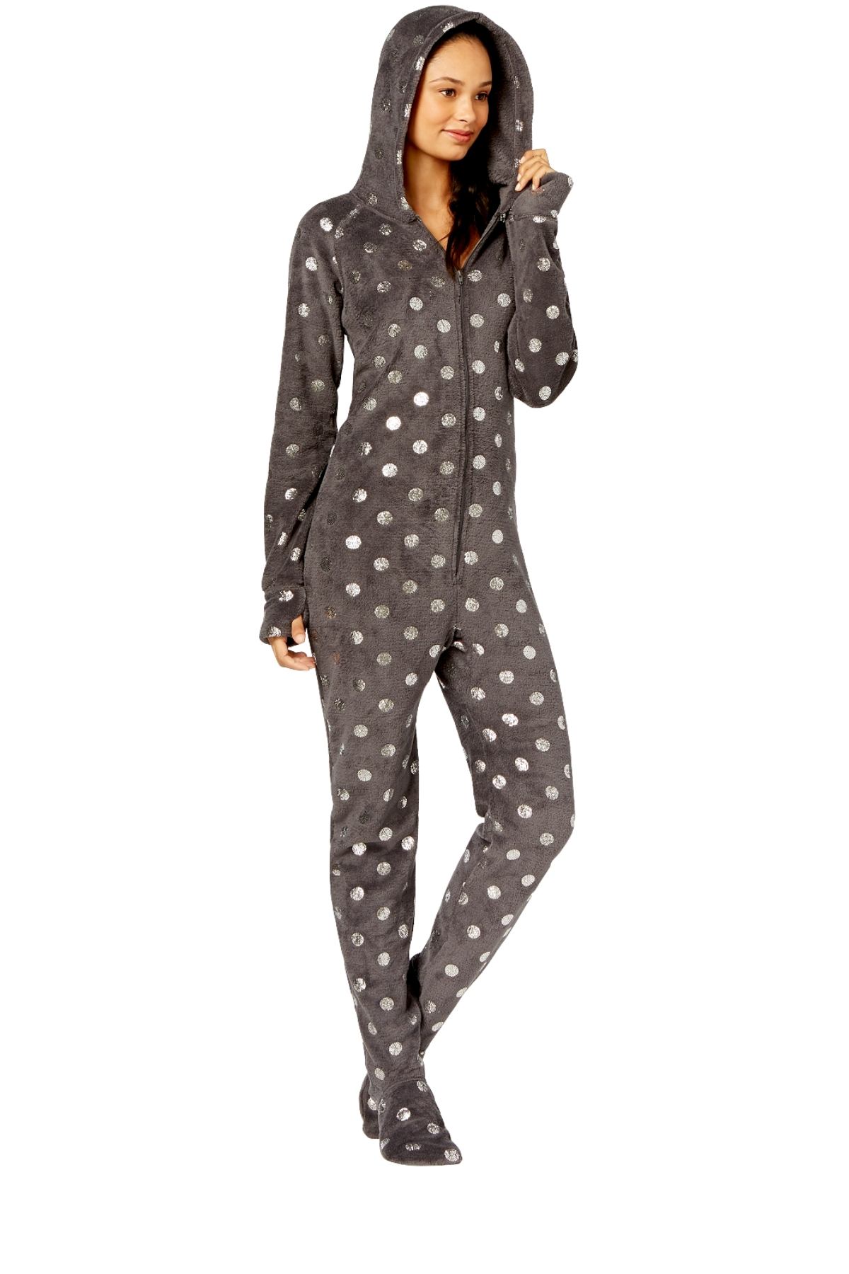 Jenni By Jennifer Moore Grey Foil-Dot Hooded/Footed Pajama Jumpsuit
