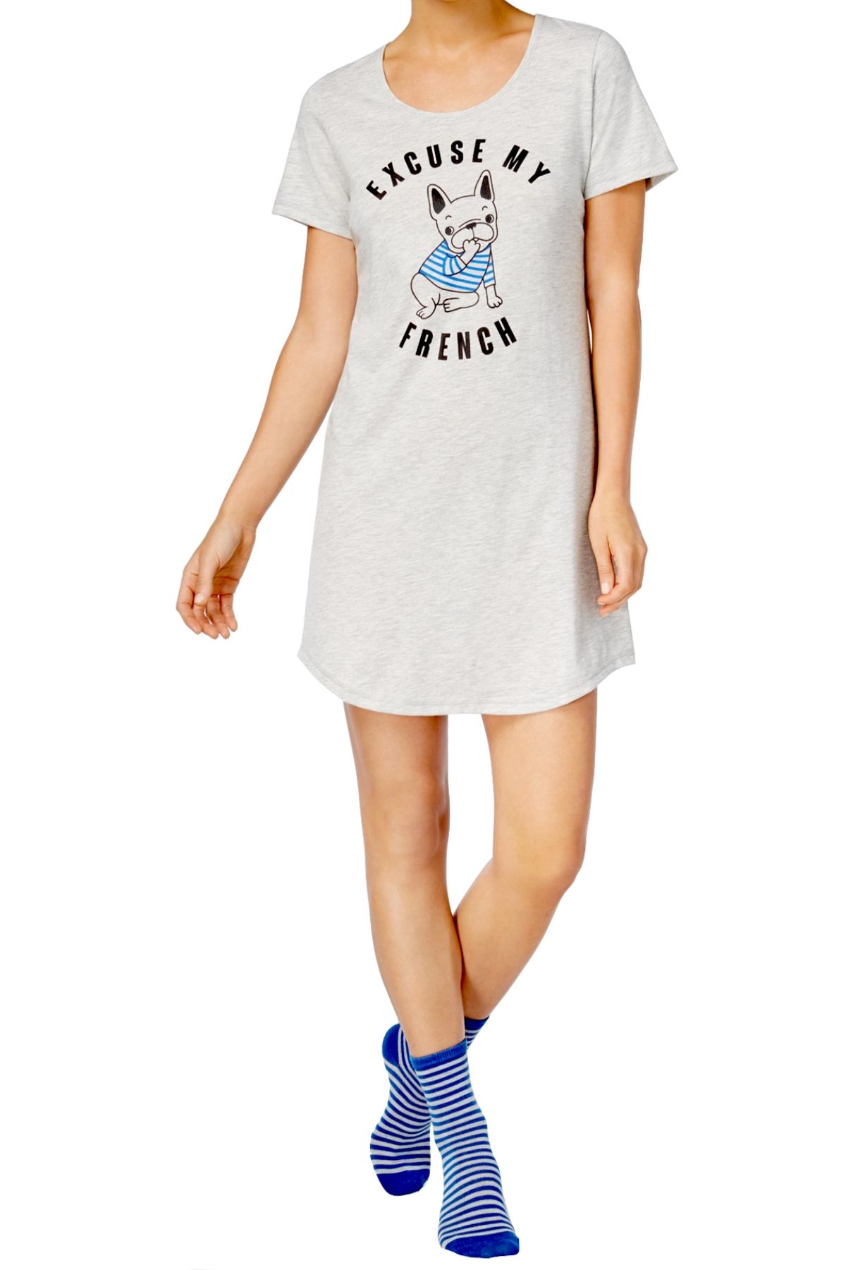 Jenni By Jennifer Moore Grey Frenchy Graphic-Print Sleepshirt And Socks Set