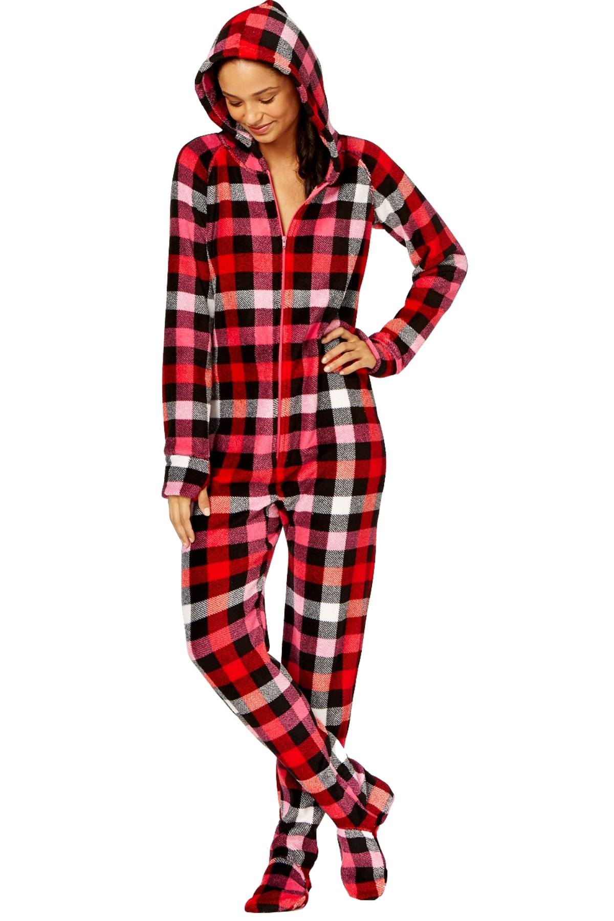 Jenni By Jennifer Moore Pink Buffalo-Check Hooded/Footed Printed Pajama Jumpsuit