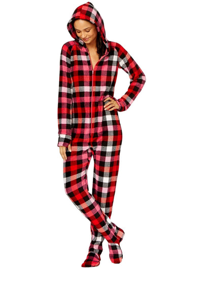Jenni By Jennifer Moore Pink Buffalo-Check Hooded/Footed Printed Pajama Jumpsuit