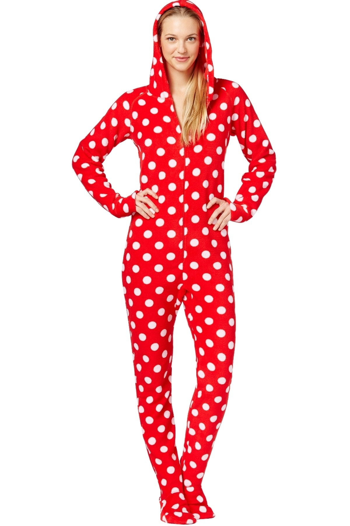 Jenni By Jennifer Moore Red Big-Dots Hooded/Footed Printed Pajama Jumpsuit