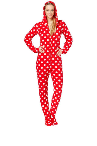 Jenni By Jennifer Moore Red Big-Dots Hooded/Footed Printed Pajama Jumpsuit