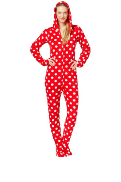 Jenni By Jennifer Moore Red Big-Dots Hooded/Footed Printed Pajama Jumpsuit thumbnail 1
