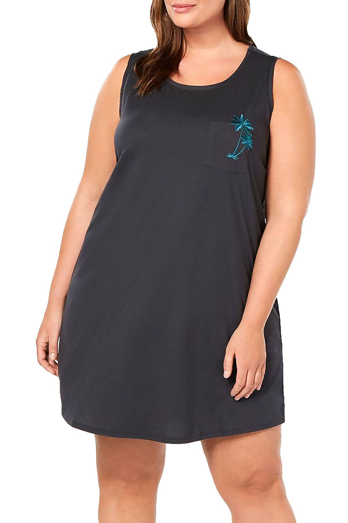 Jenni PLUS Embroidered Palm Tree Peekaboo Back Sleepshirt in Black