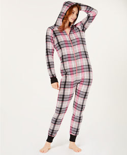 Jenni Soft Hooded One Piece Pajama in Grey Plaid thumbnail 2