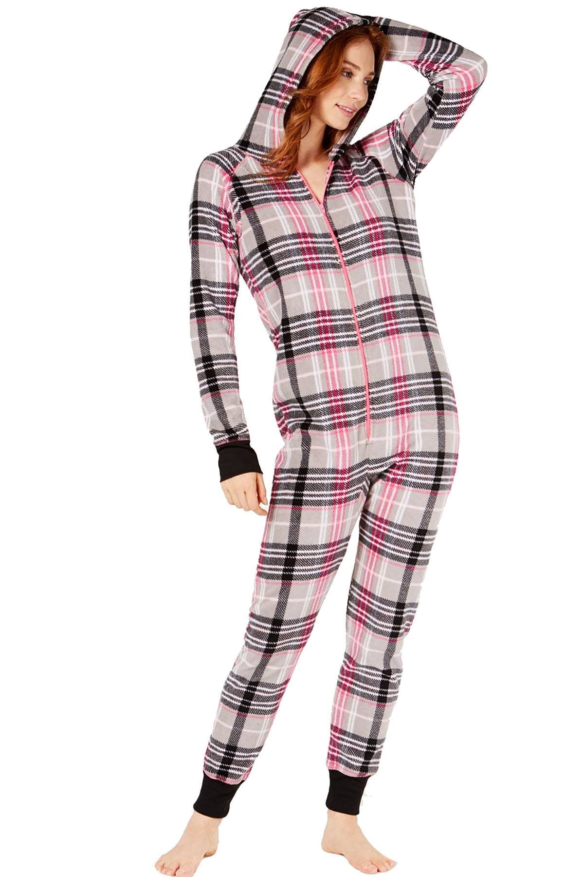 Jenni Soft Hooded One Piece Pajama in Grey Plaid