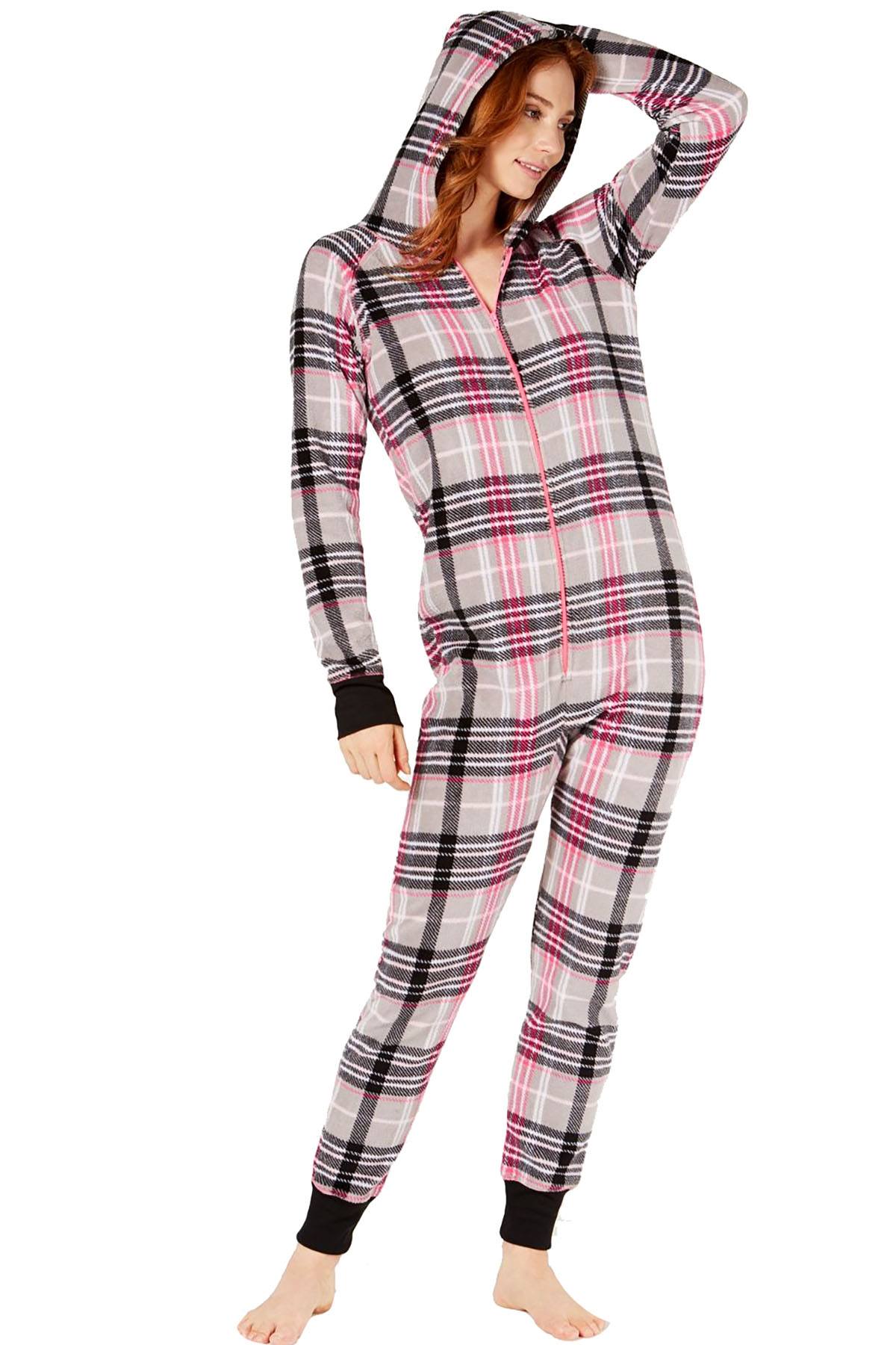 Jenni Soft Hooded One Piece Pajama in Grey Plaid