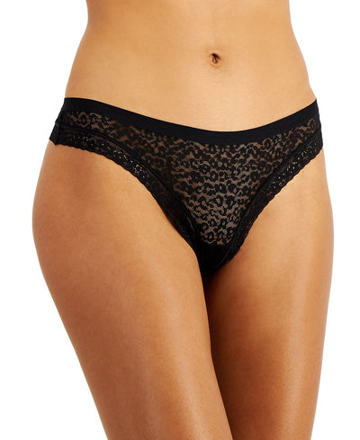 Jenni Wo Leopard Lace Thong Deep Black