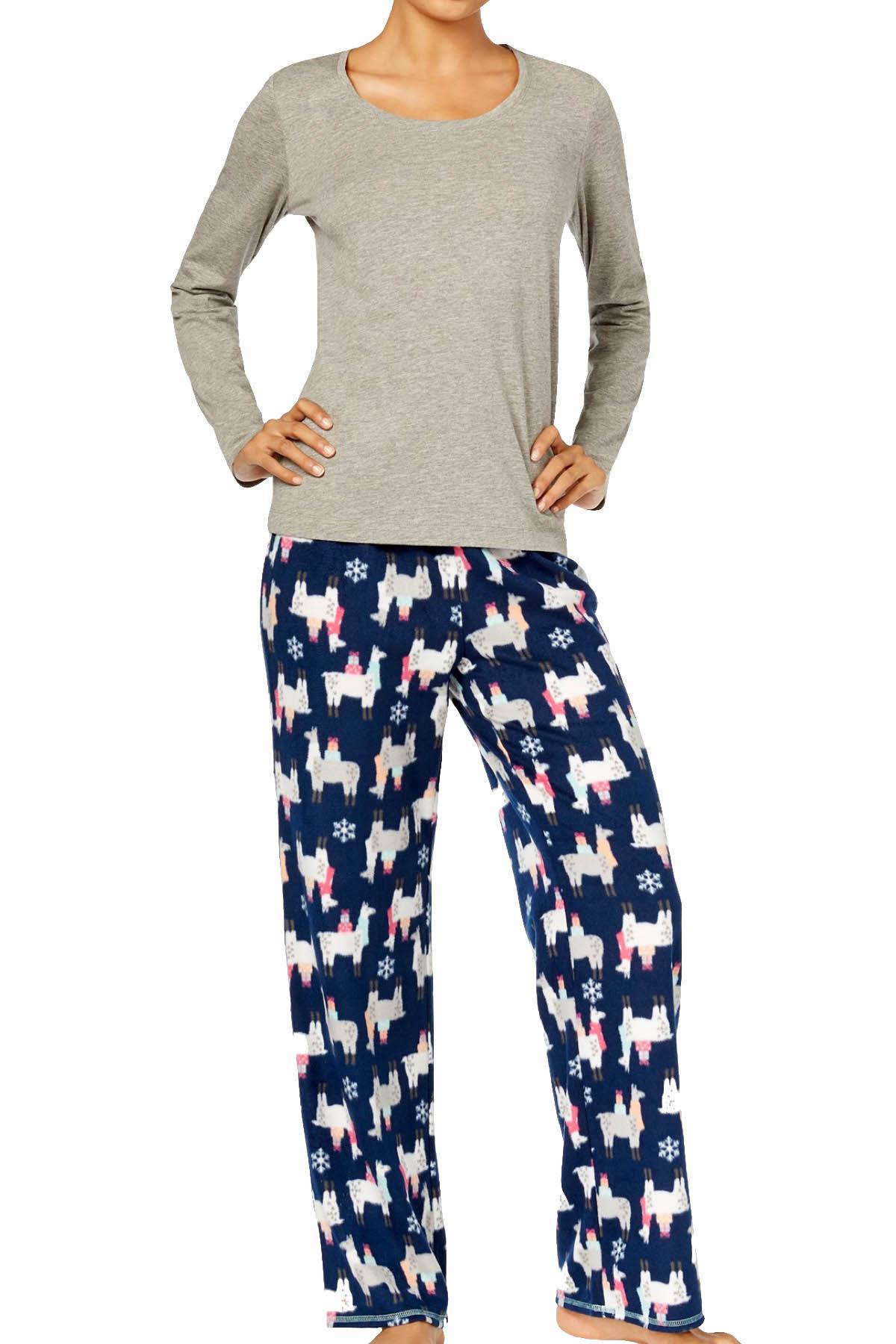 Jenni by Jennifer Moore Grey/Navy Festive-Llama Fleece Pajama 2-Piece Set