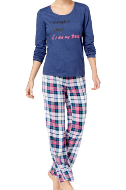 Jenni by Jennifer Moore Navy/Plaid Naughty/Nice Knit/Fleece Pajama Set thumbnail 1