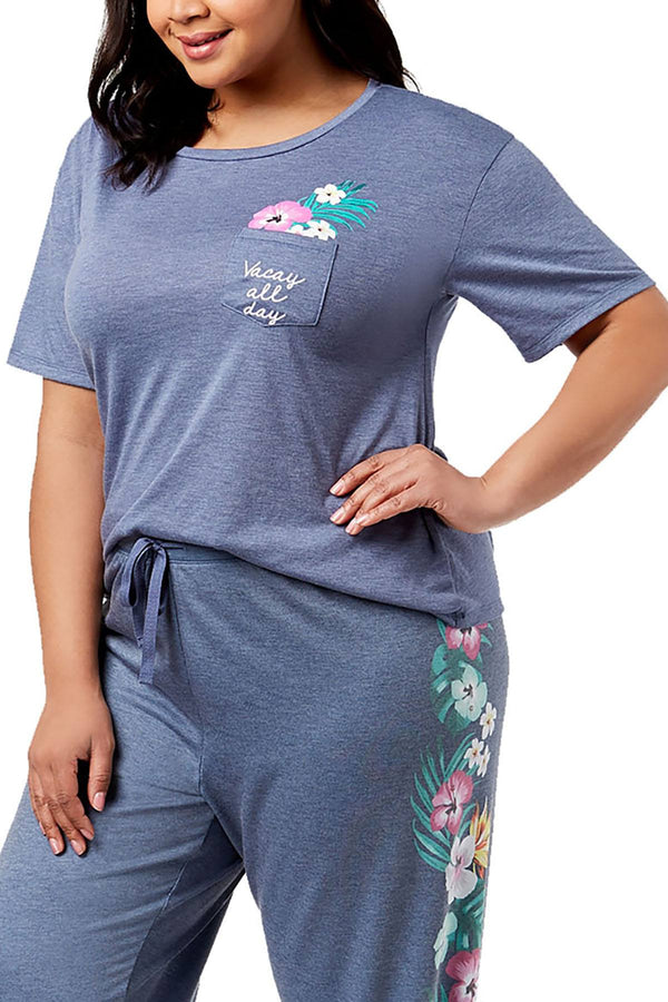 Jenni by Jennifer Moore PLUS Blue-Heather Vacay Embroidered Pocket Tee