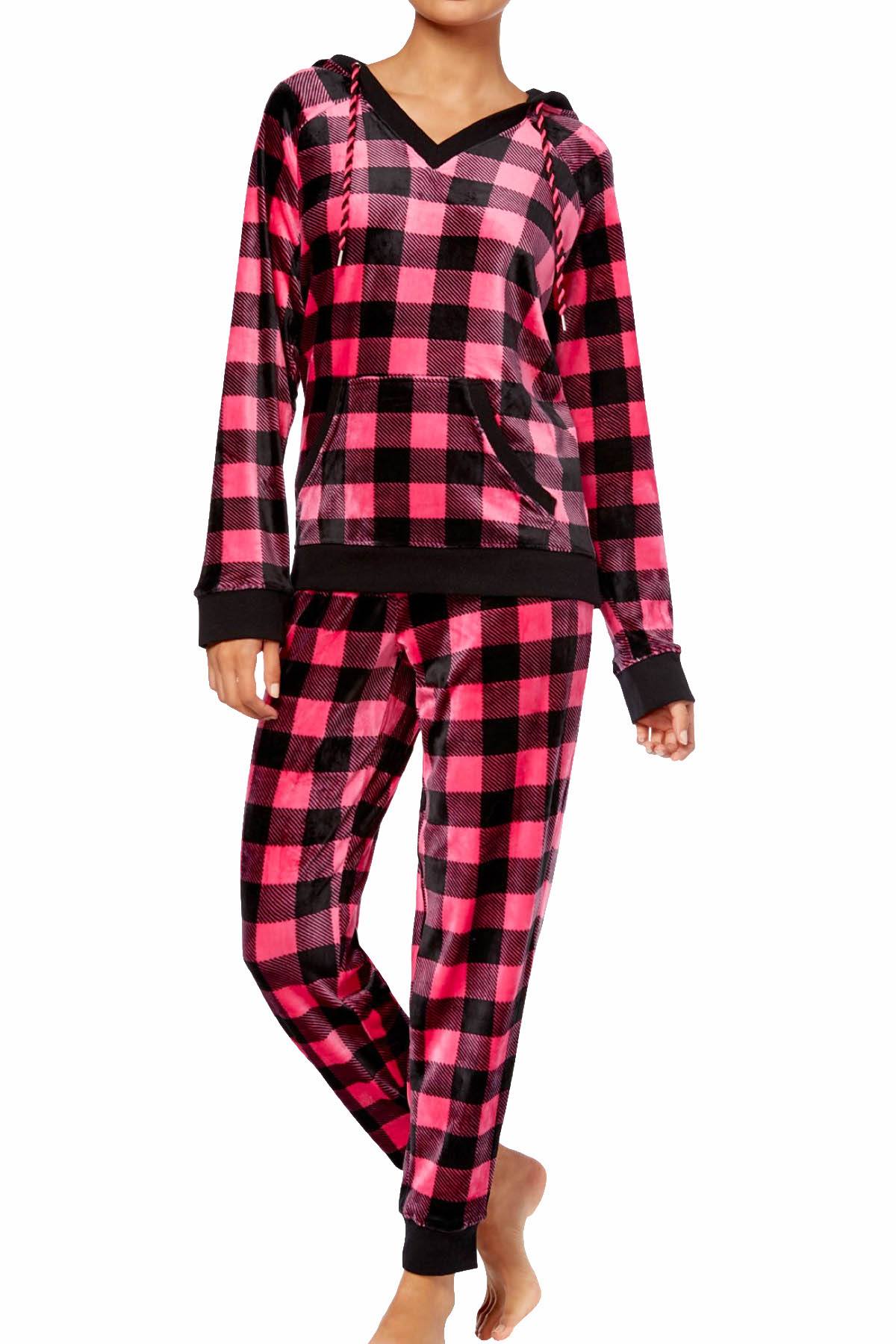 Jenni by Jennifer Moore Pink/Black Color-Check Printed Velour Pajama Set