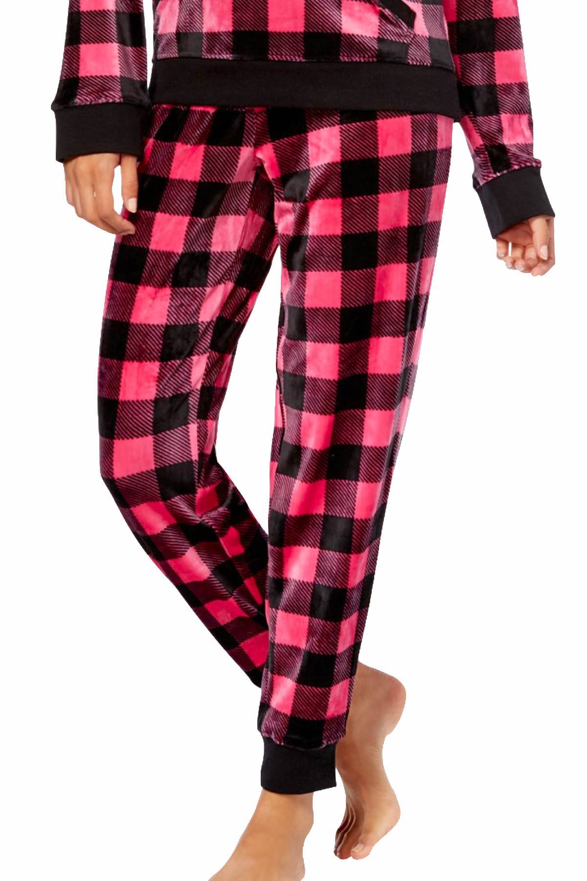 Jenni by Jennifer Moore Pink/Black Color-Check Printed Velour Pajama Set