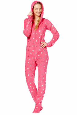 Jenni by Jennifer Moore Pink/Silver Foil-Stars Hooded Footie PJ Jumpsuit thumbnail 2