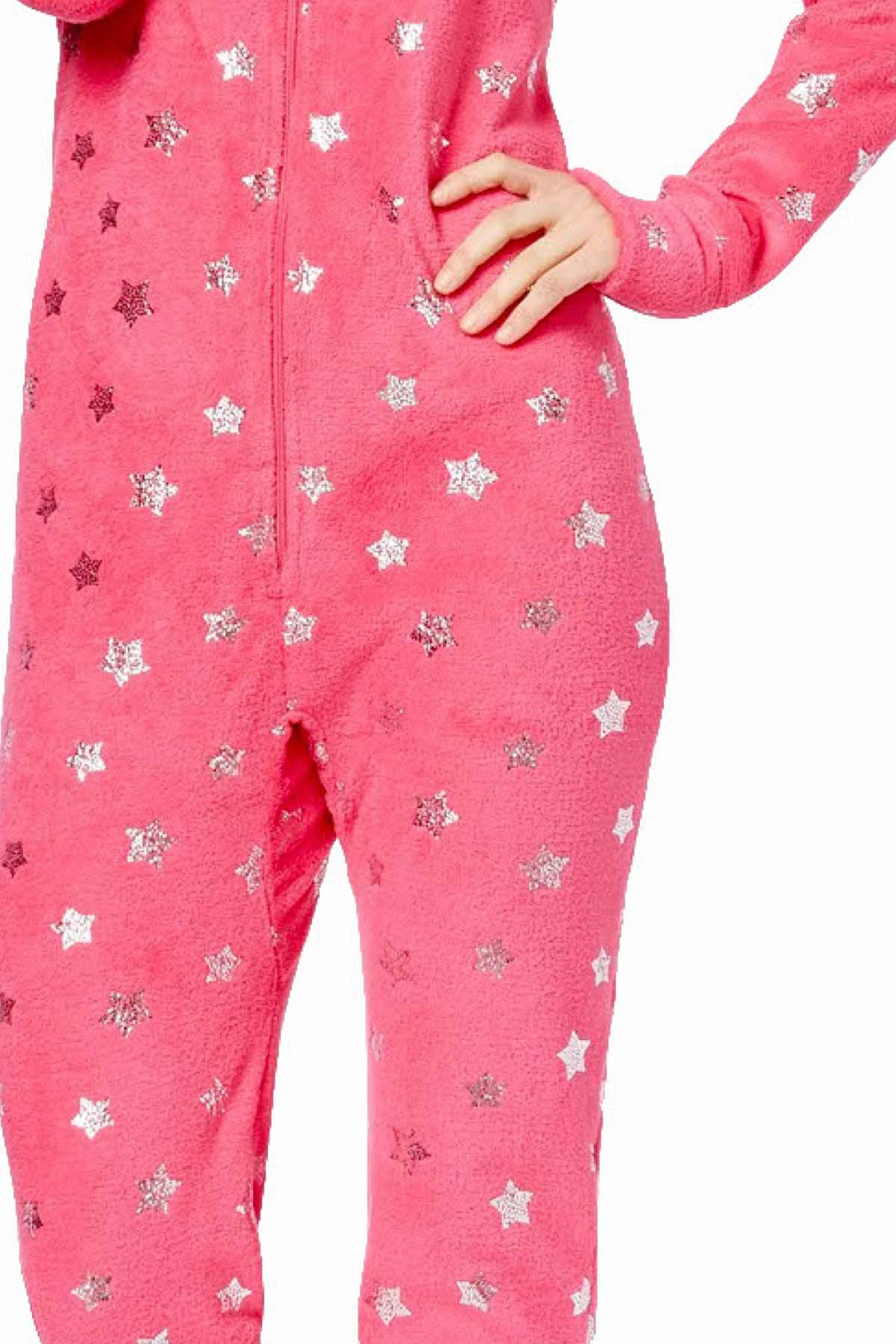 Jenni by Jennifer Moore Pink/Silver Foil-Stars Hooded Footie PJ Jumpsuit