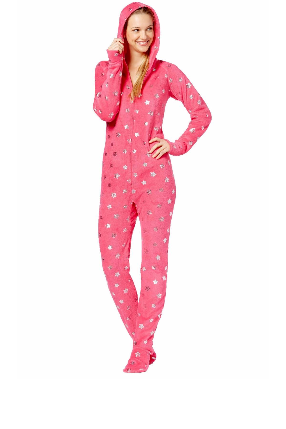 Jenni by Jennifer Moore Pink/Silver Foil-Stars Hooded Footie PJ Jumpsuit