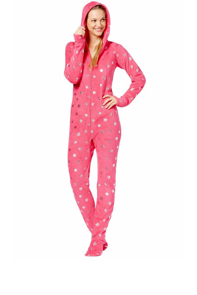 Jenni by Jennifer Moore Pink/Silver Foil-Stars Hooded Footie PJ Jumpsuit