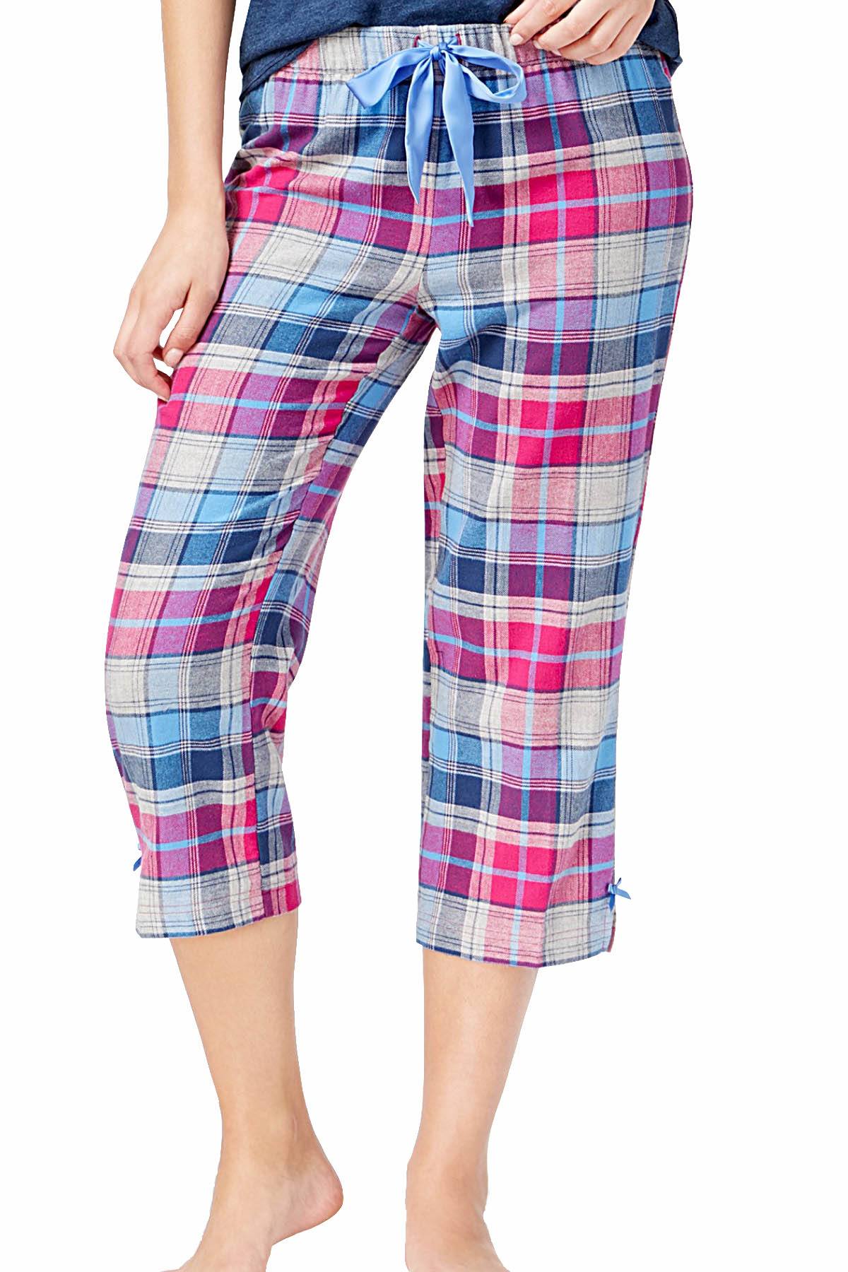 Jenni by Jennifer Moore Purple/Blue-Plaid Printed Cotton Cropped Pajama Pant