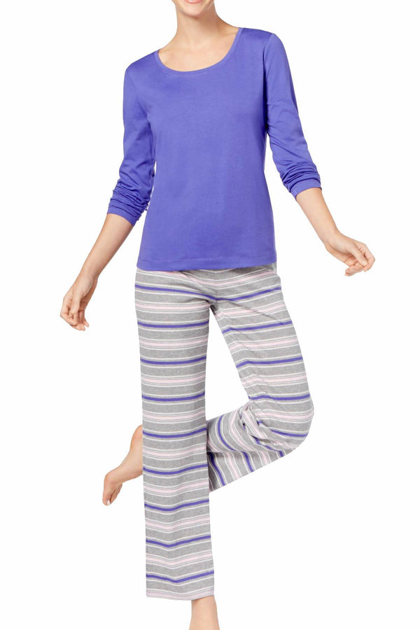 Jenni by Jennifer Moore Purple/Grey Sleepy-Stripe Knit Top & Printed Pant PJ Set