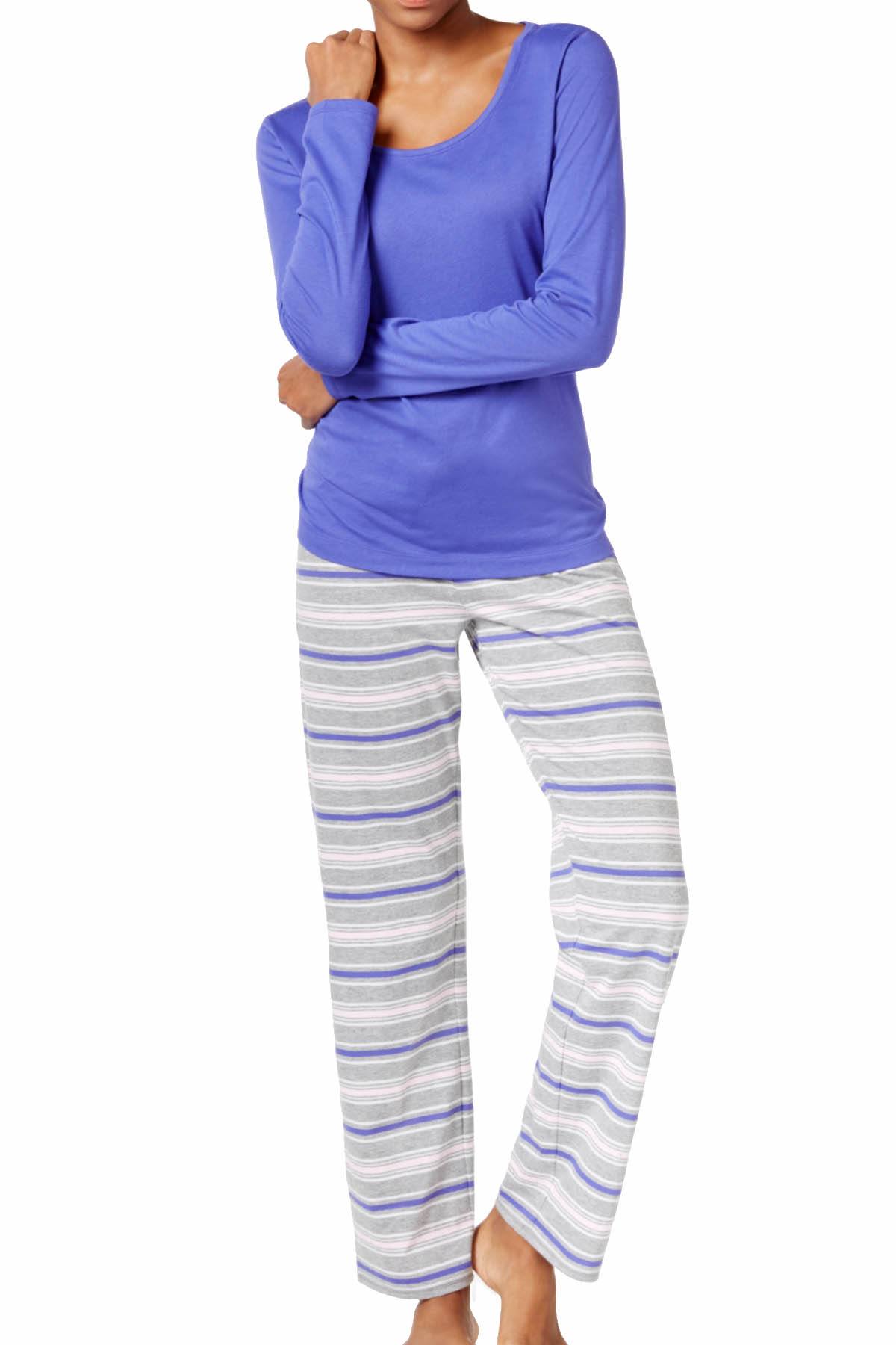 Jenni by Jennifer Moore Purple/Grey Sleepy-Stripe Knit Top & Printed Pant PJ Set