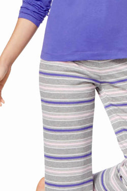 Jenni by Jennifer Moore Purple/Grey Sleepy-Stripe Knit Top & Printed Pant PJ Set thumbnail 2