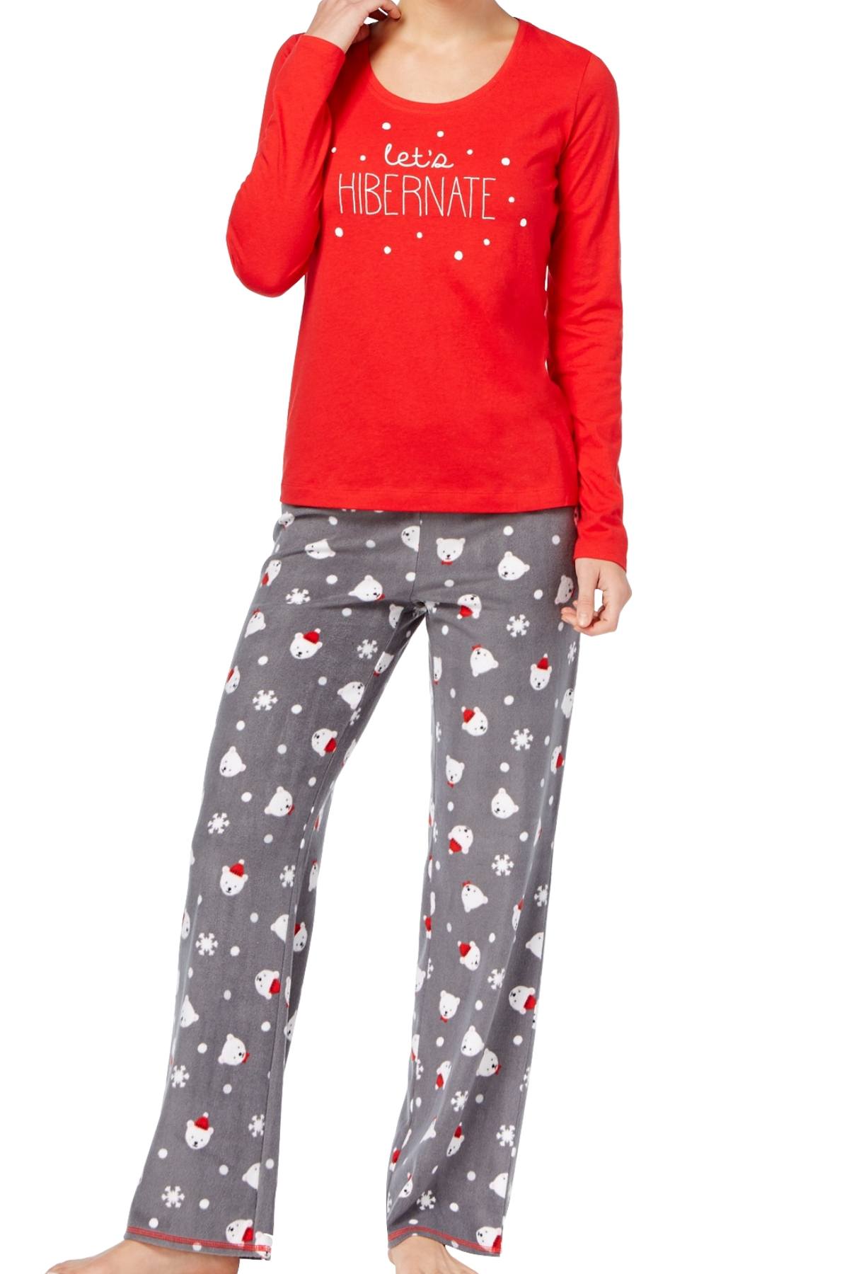 Jenni by Jennifer Moore Red Bear-Dots Printed Top and Fleece Pant PJ Set