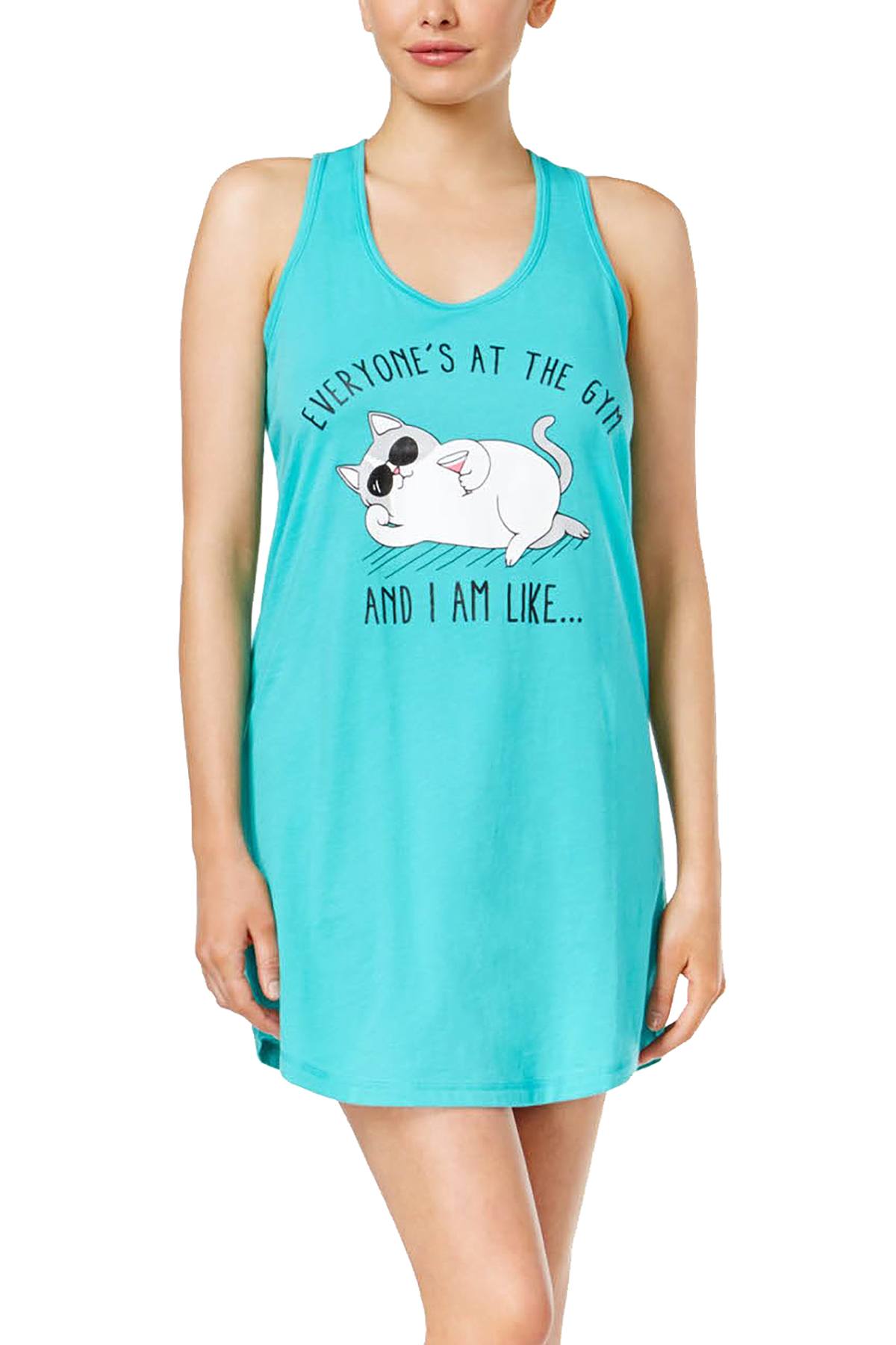 Jenni by Jennifer Moore Teal Knit Graphic-Print Lazy Cat Long Sleep Tank