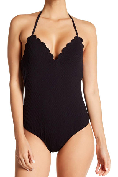 Jessica Simpson Black Halter Scalloped-Trim One-Piece Swimsuit