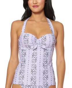 Jessica Simpson Printed Bow-front Halter Tankini Top Lavender Multi thumbnail 1