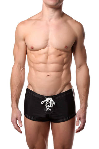 Jocko Black/White Rex Ribbed Side-Stripe Lace-Up Swim Short