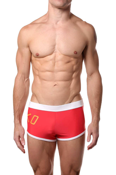 Jocko Red Logo Contrast Trim Square Cut Swim Trunk