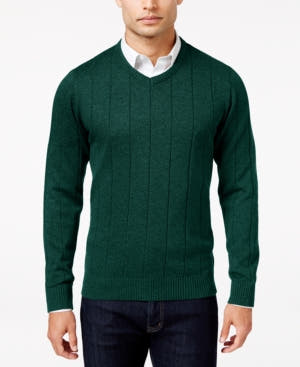 John Ashford Men's Big and Tall V-Neck Striped-Texture Sweater GREEN