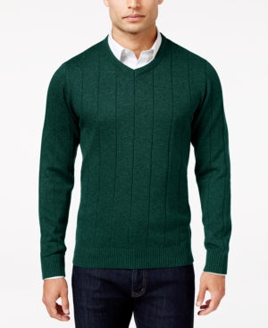 John Ashford Men's Big and Tall V-Neck Striped-Texture Sweater GREEN