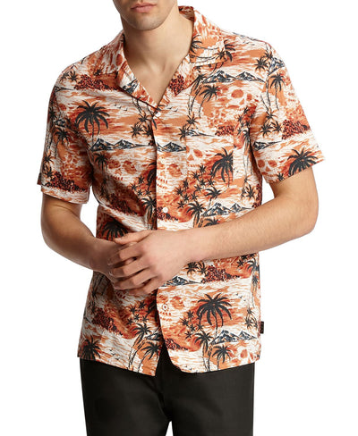 John Varvatos Star Usa Skip Short-sleeve Island-print Slim Fit Shirt Papaya