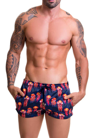 Jor Navy/Red Jellyfish-Printed Beach Mini Swim Short