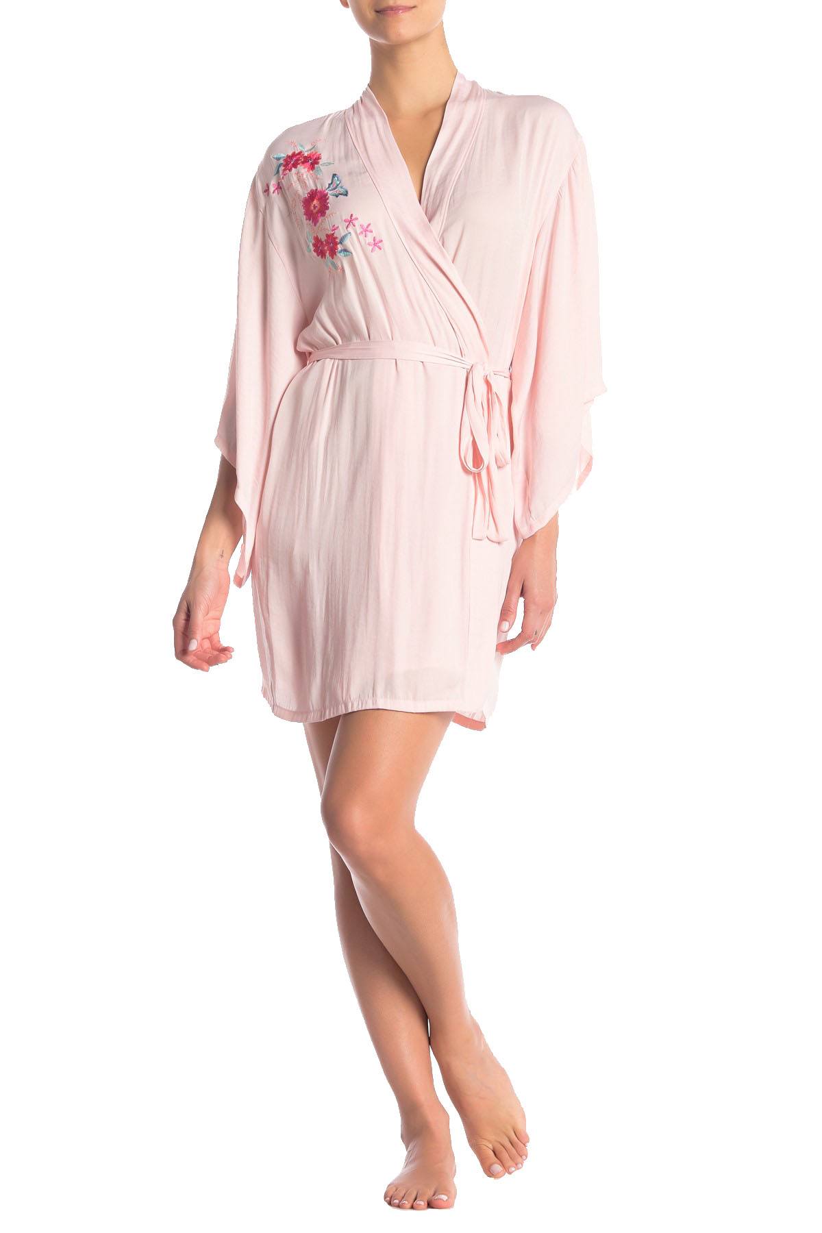 Josie by Natori Bardot Boho Embroidery Wrap Robe in Light Pink