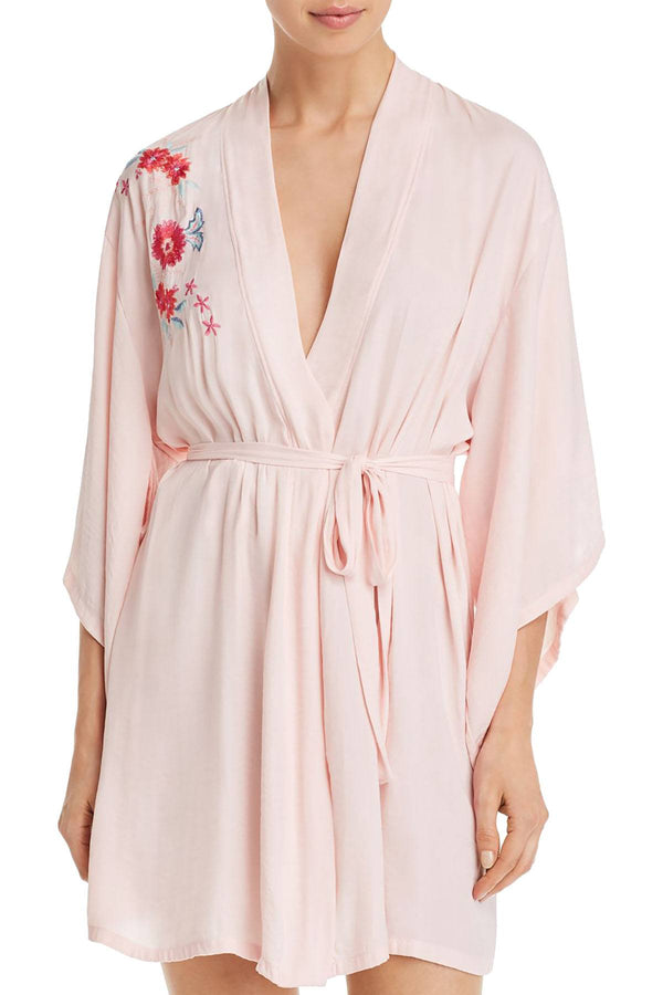 Josie by Natori Bardot Boho Embroidery Wrap Robe in Light Pink