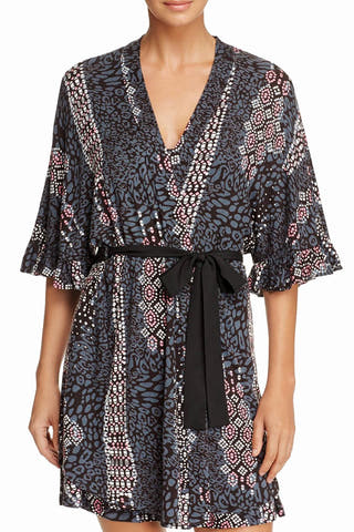 Josie by Natori Grey/Pink Printed Luna Ruffle Wrap