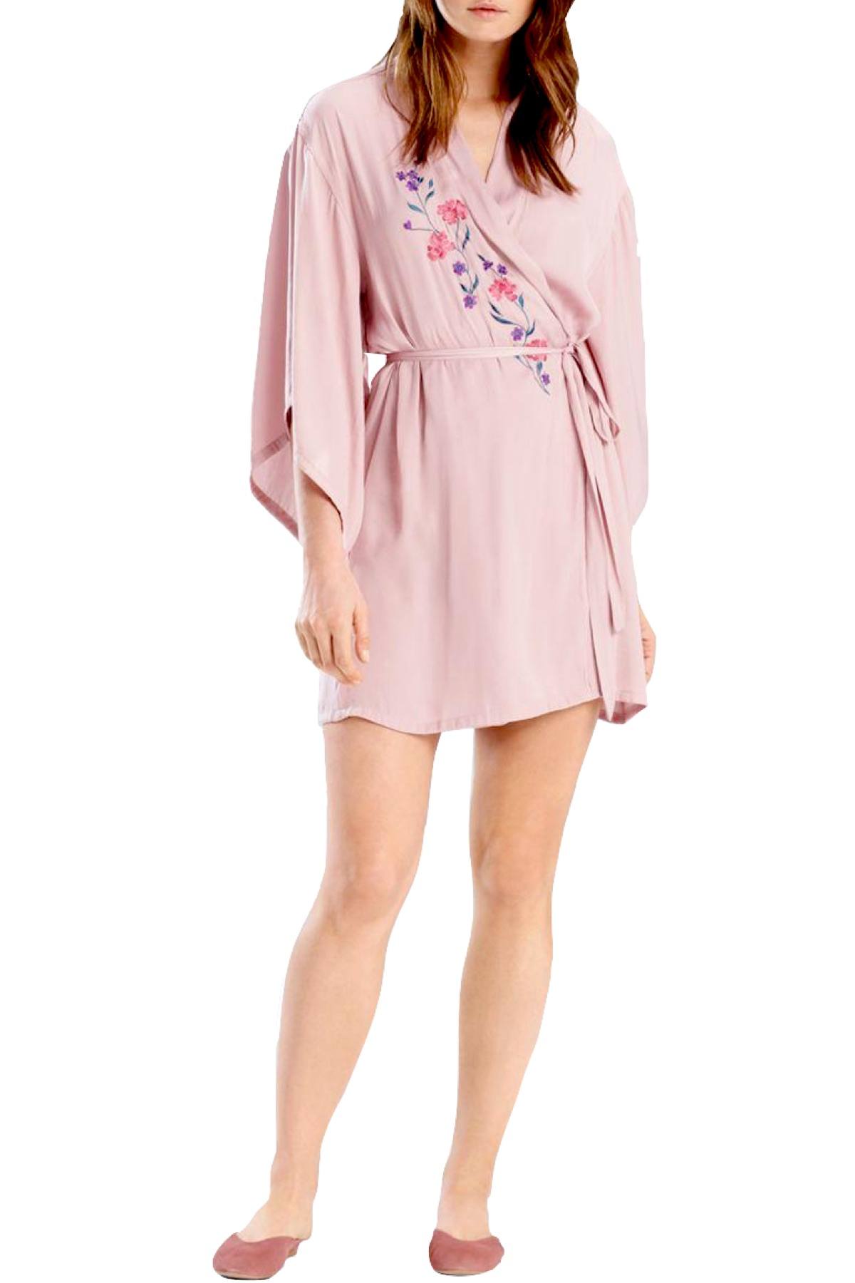 Josie by Natori Washed Satin Embroidered Wrap Robe in Perfect Pink